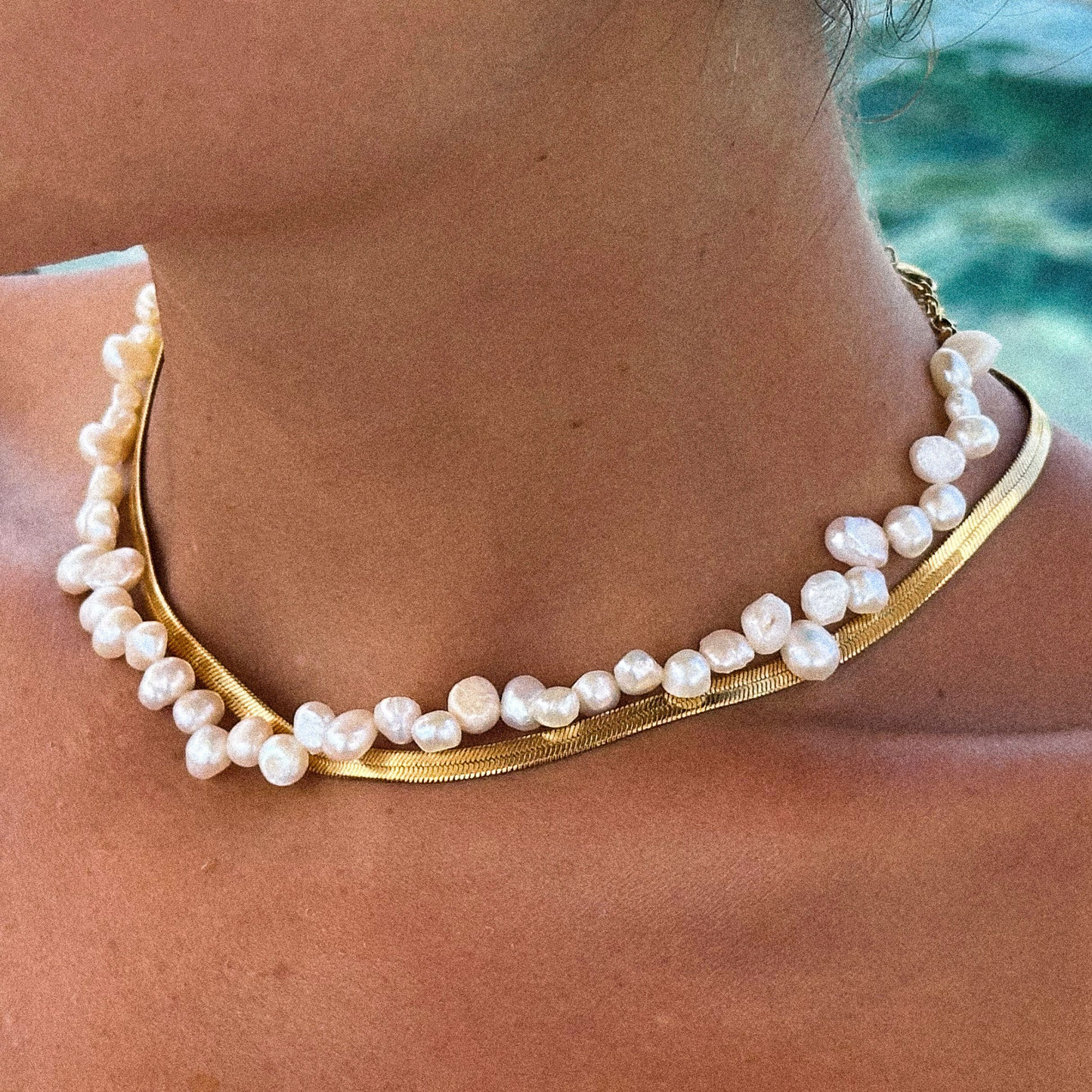 Damen Perlen Choker Halskette Gold Süßwasserperlen wasserdicht hypoallergen