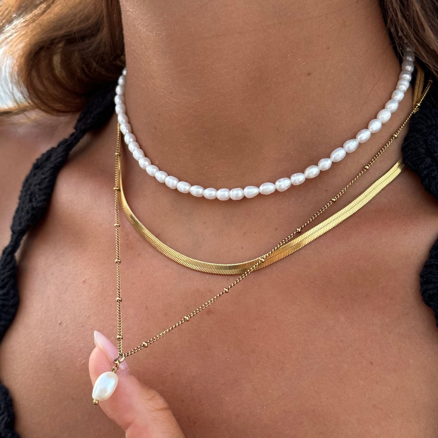 Damen Schmuckset Gold Herringbone Choker Perlen Choker Barockperlen-Anhänger wasserfest 3-teilig