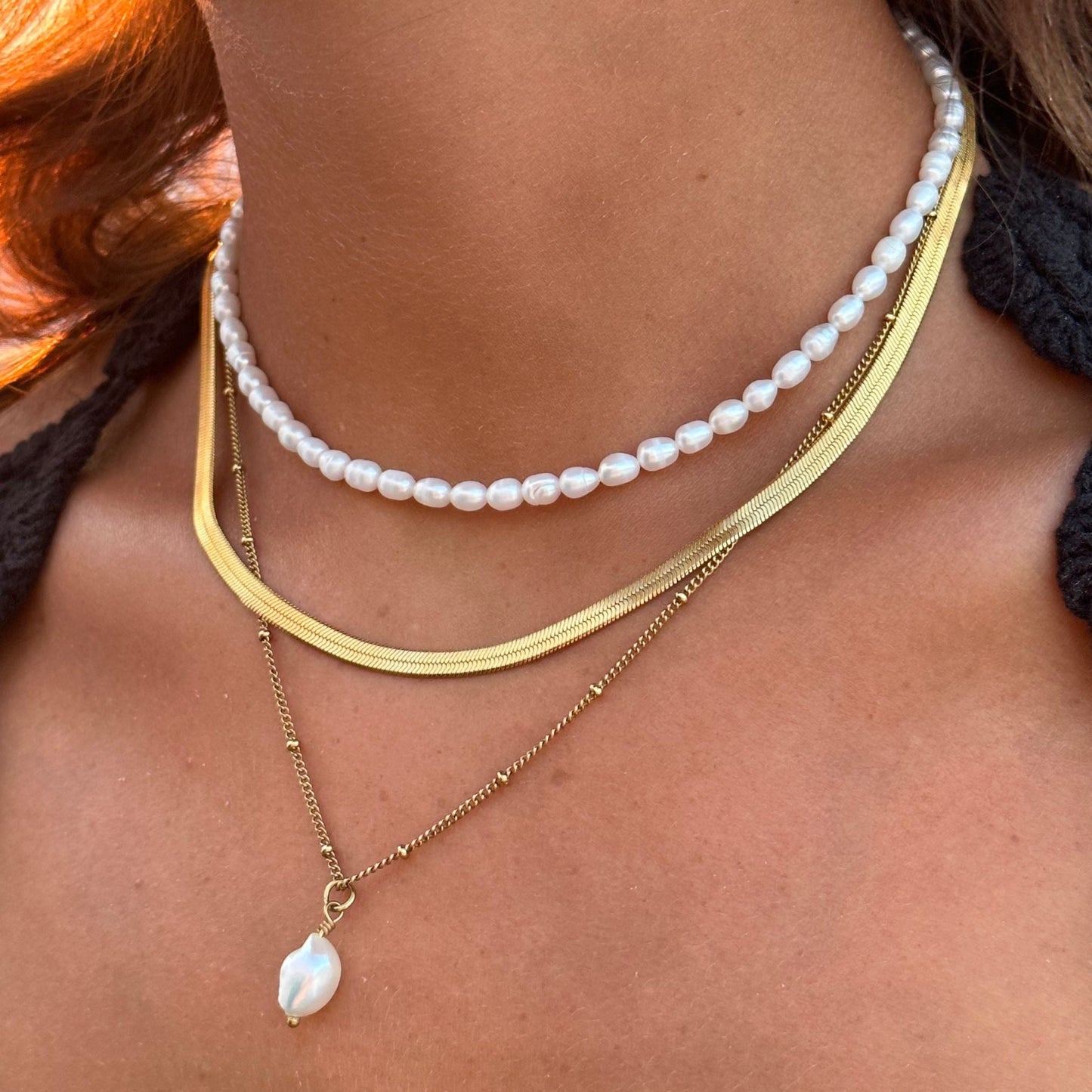 Damen Schmuckset Gold Herringbone Choker Perlen Choker Barockperlen-Anhänger wasserfest 3-teilig