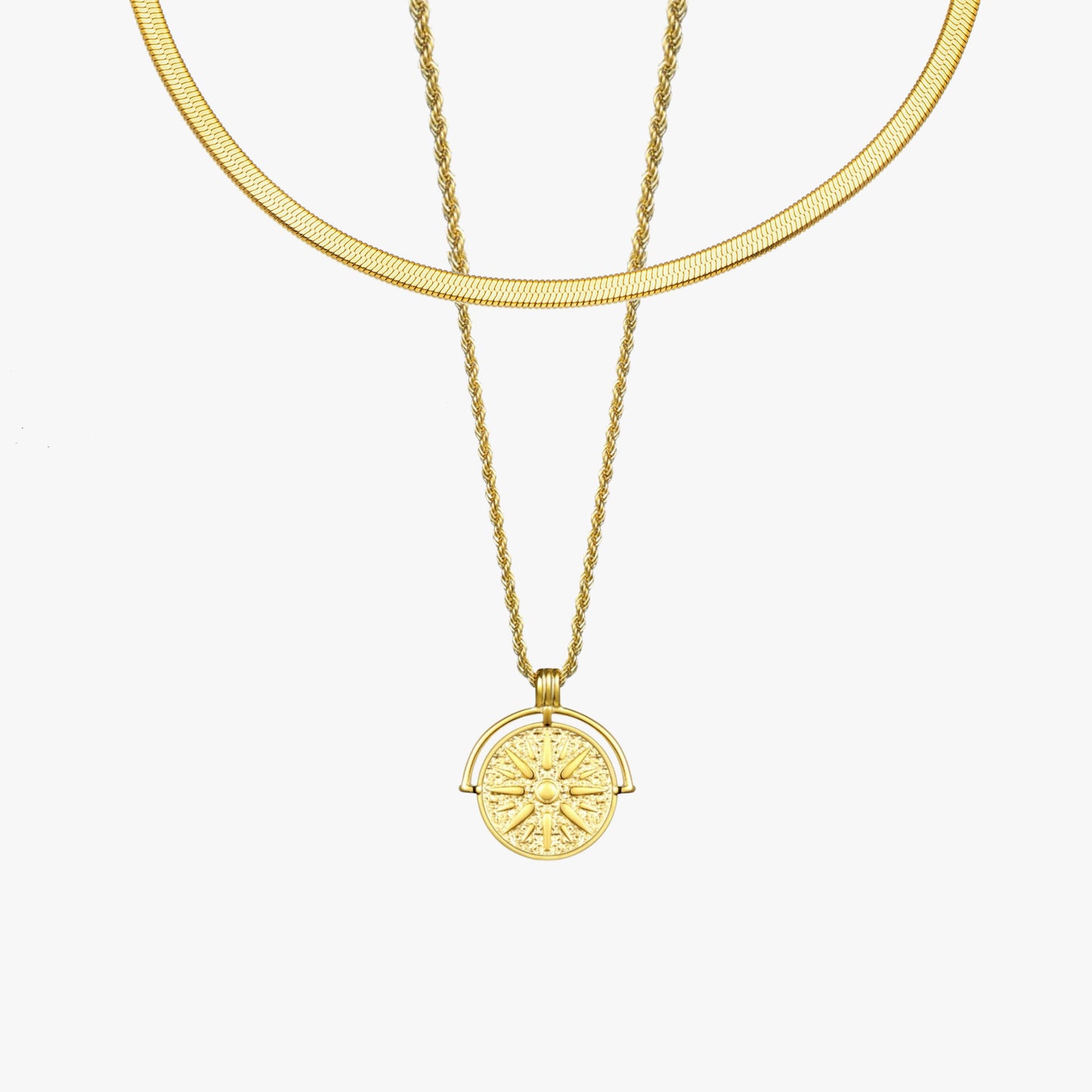 Damen Schmuckset Gold Herringbone Choker Sonnenanhänger Halskette wasserfest 2-teilig