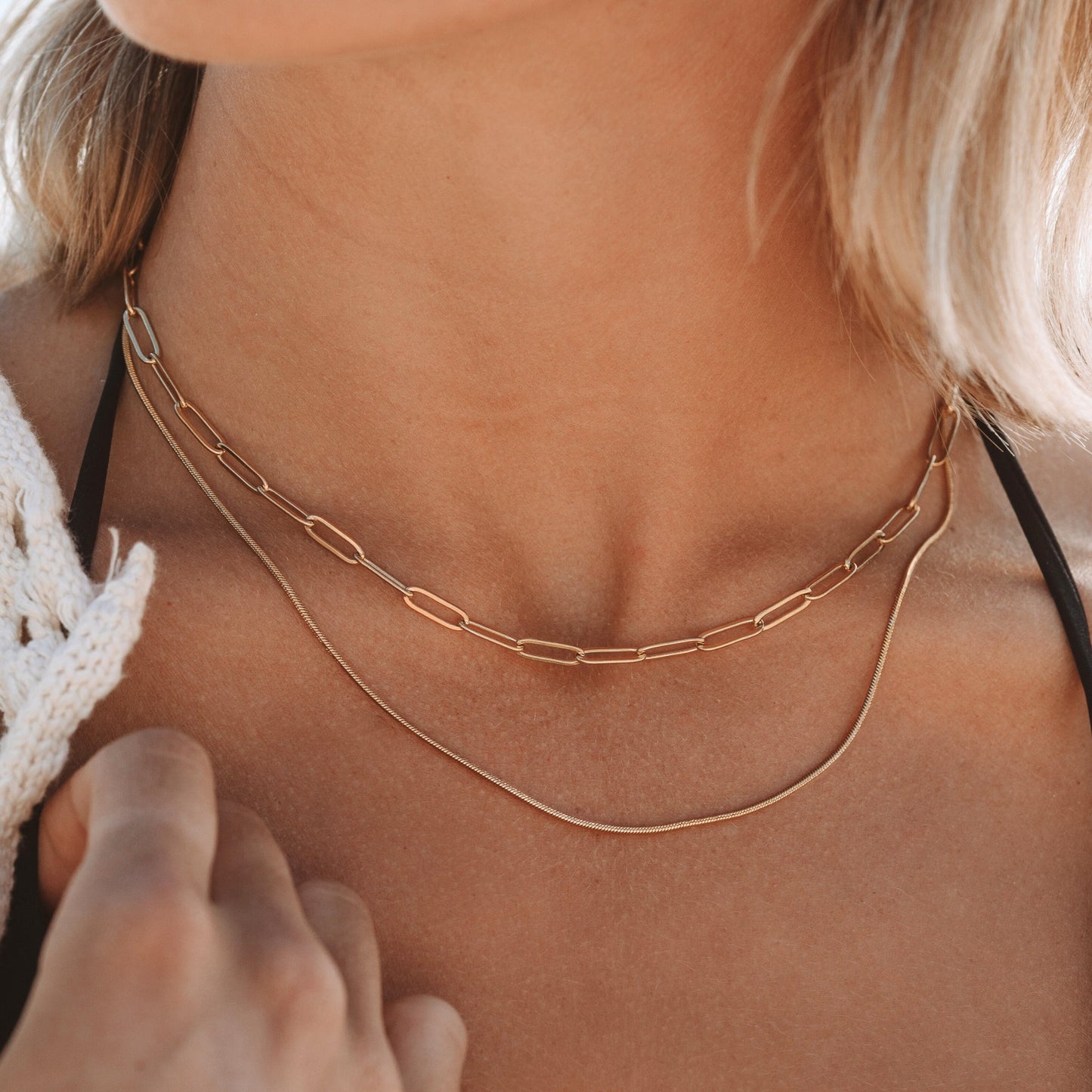 Damen Layered Halskette Gold Paperclip Choker und Snake Chain wasserfest
