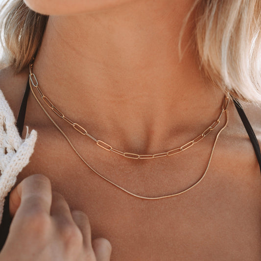 Damen Layered Halskette Gold Paperclip Choker und Snake Chain wasserfest
