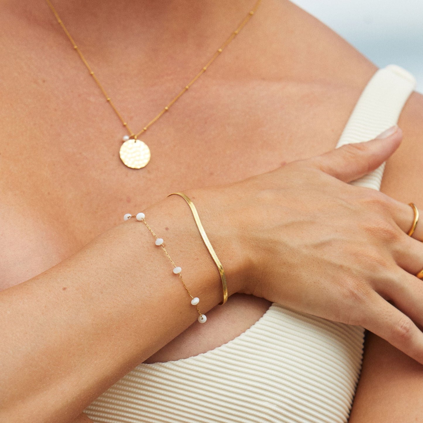 Damen Layering Armband gold Perlen Edelstahl wasserfest
