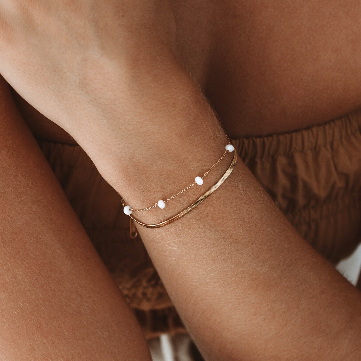 Damen Layering Armband gold Perlen Edelstahl wasserfest