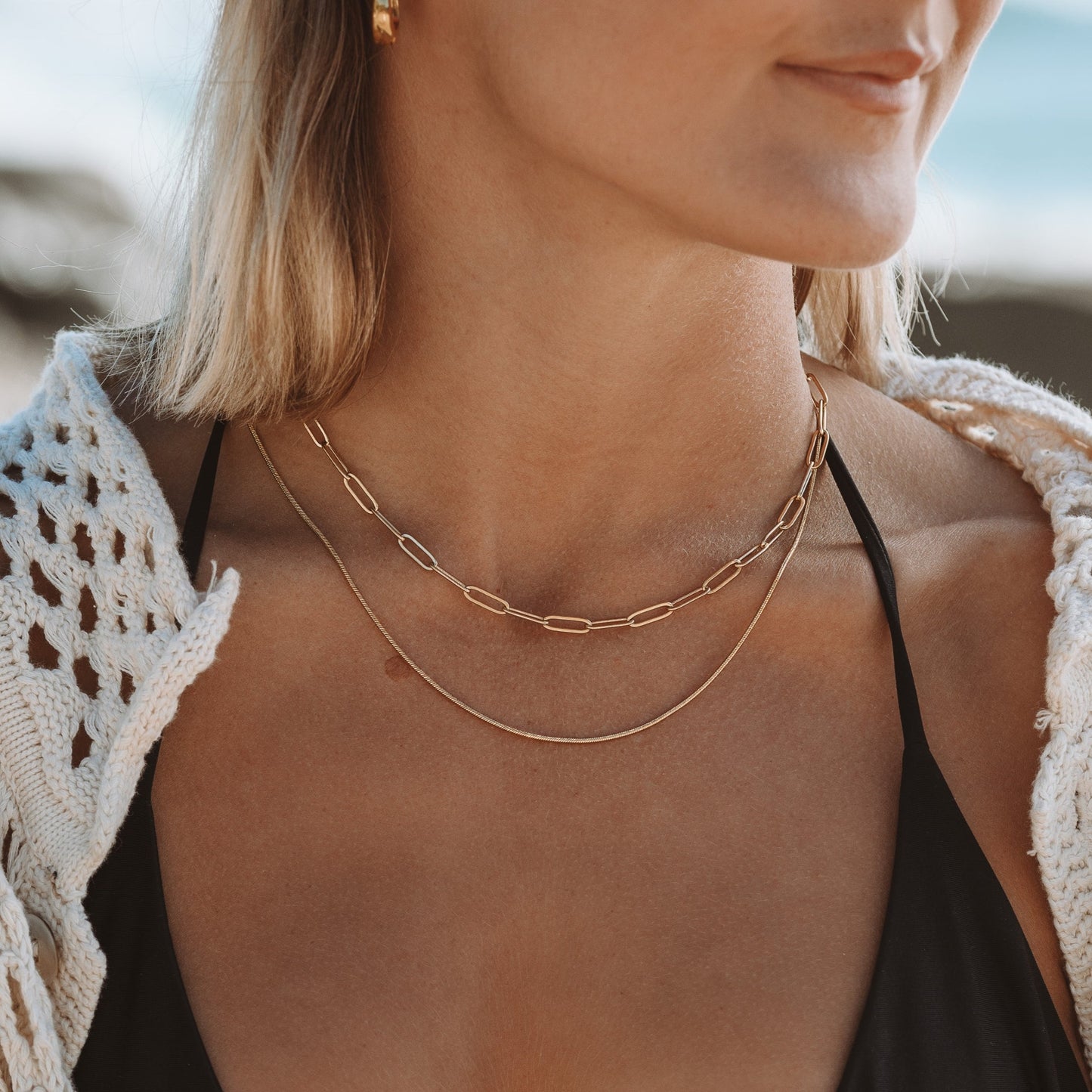 Damen Layered Halskette Gold Paperclip Choker und Snake Chain wasserfest