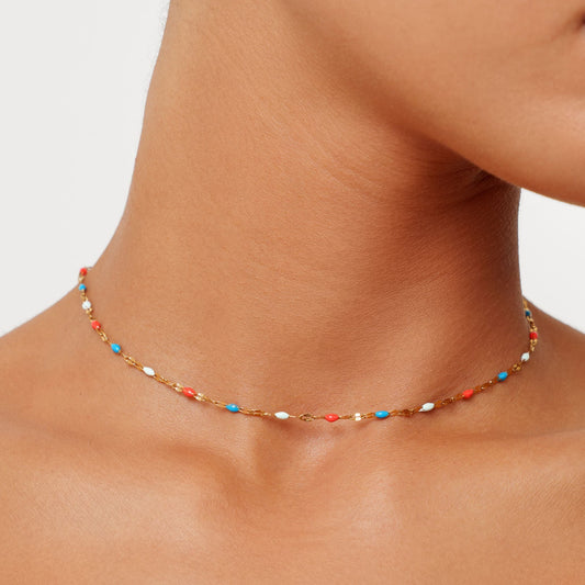 Damen Choker Kette Gold mit buntem Emaille wasserfest Edelstahl