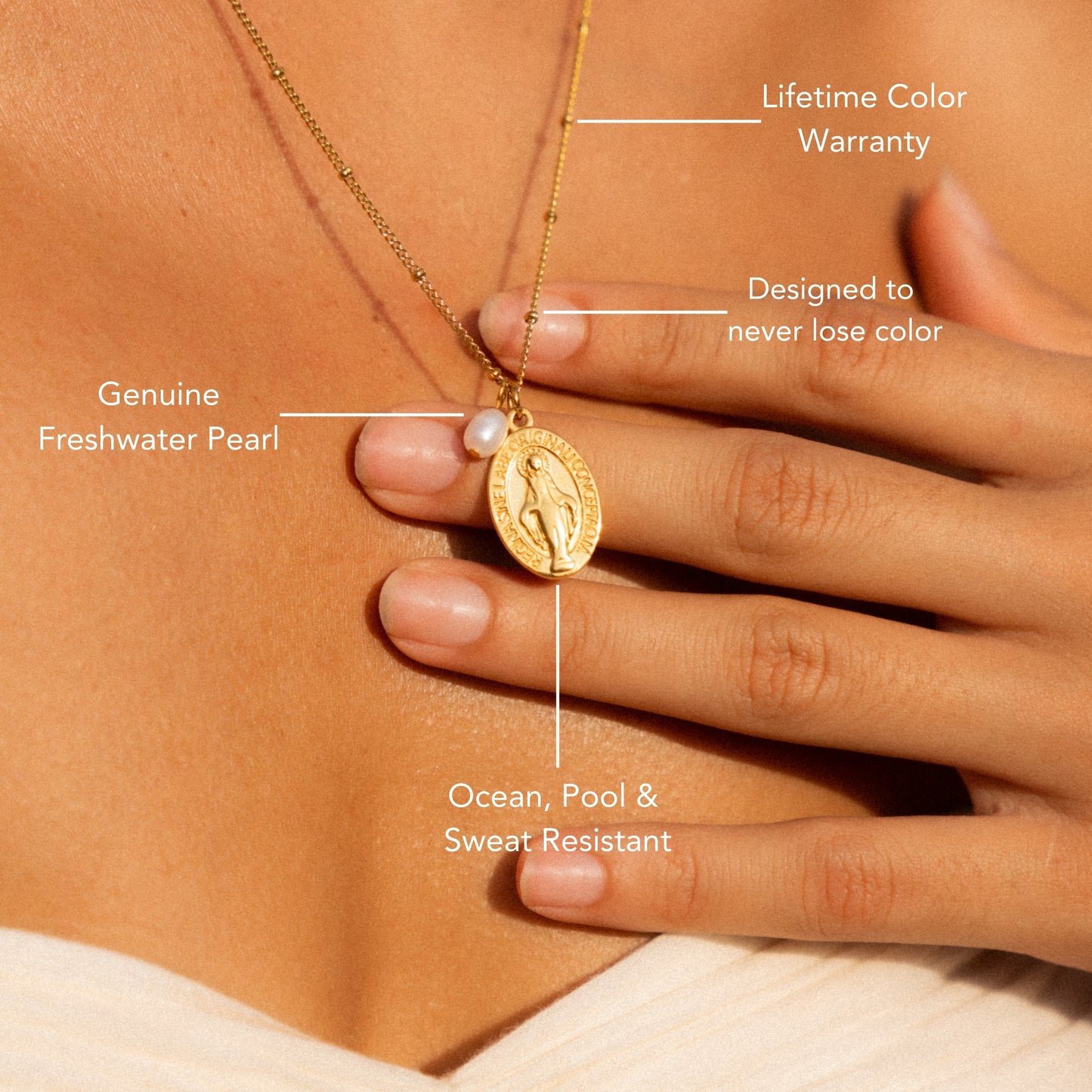 Damen Kreuz Halskette Gold mit Süßwasserperle wasserfest Beaded Chain