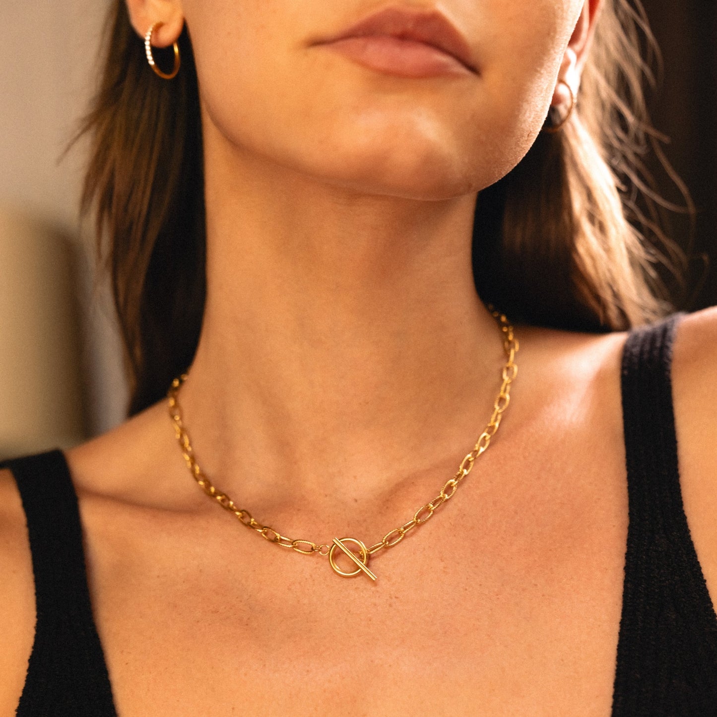 Damen Paperclip Choker Gold wasserfest mit Toggle Verschluss