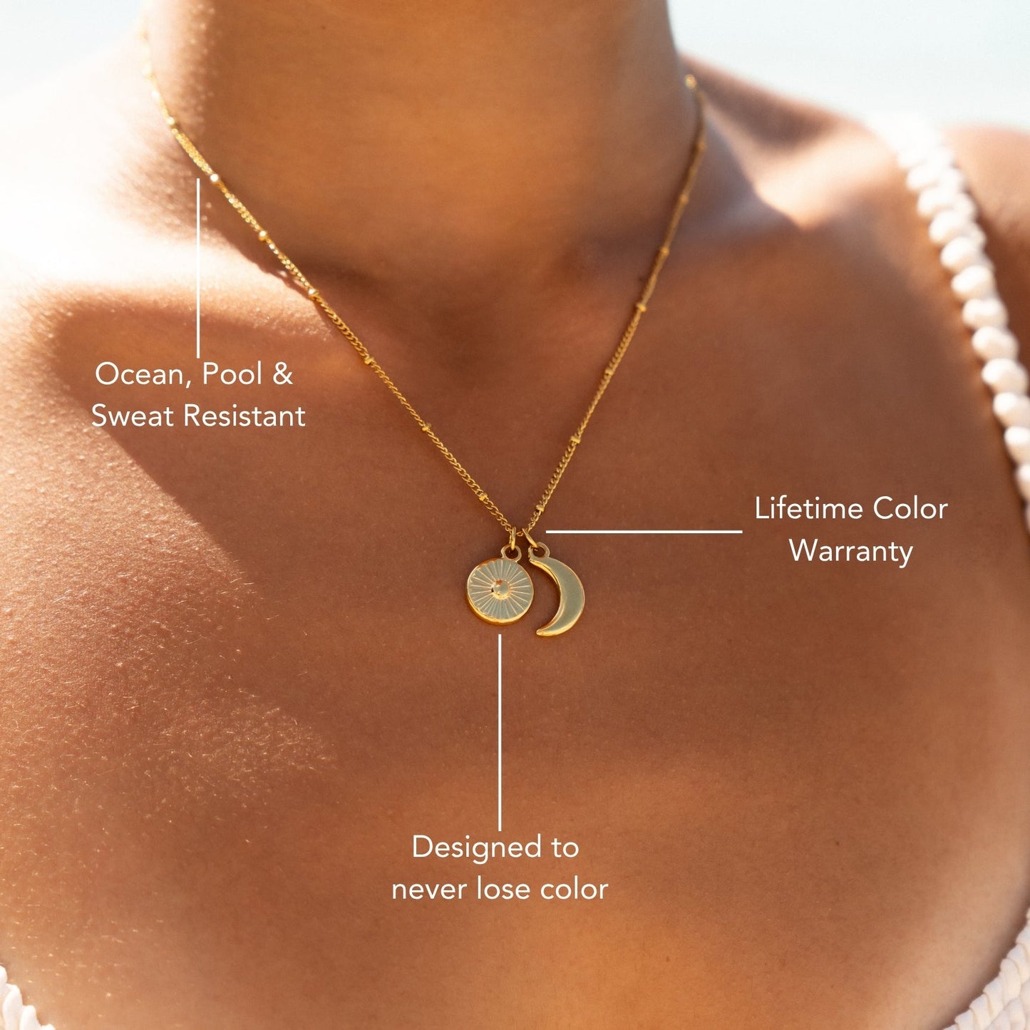 Damen Sonne Mond Kette Gold mit Anhängern wasserfest Edelstahl