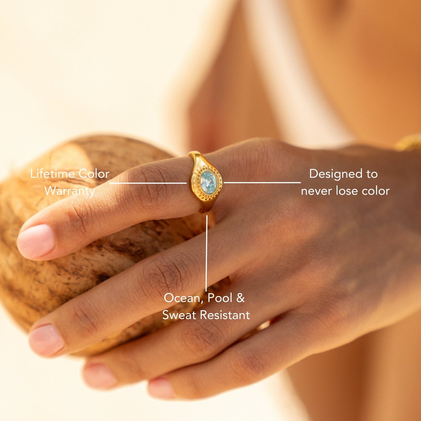 Damen Ring goldfarben mit Zirkon, Sunburst-Design, wasserfest, hypoallergen