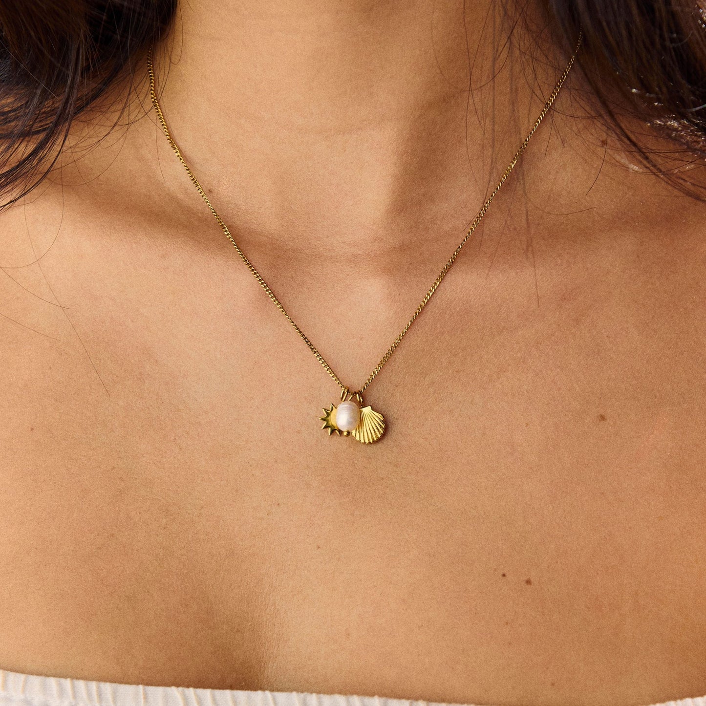 Damen Halskette Gold Muschel Sonne Süßwasserperle wasserdicht hypoallergen