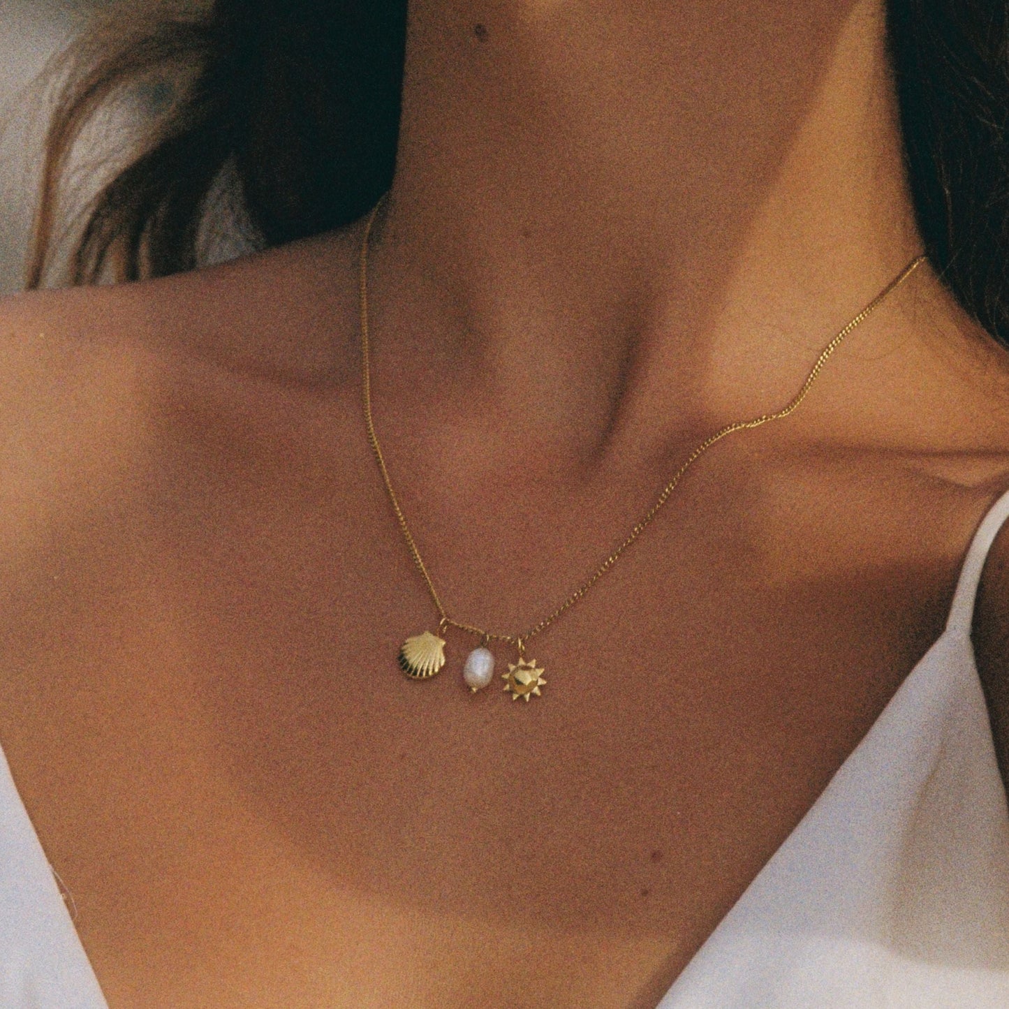 Damen Halskette Gold Muschel Sonne Süßwasserperle wasserdicht hypoallergen