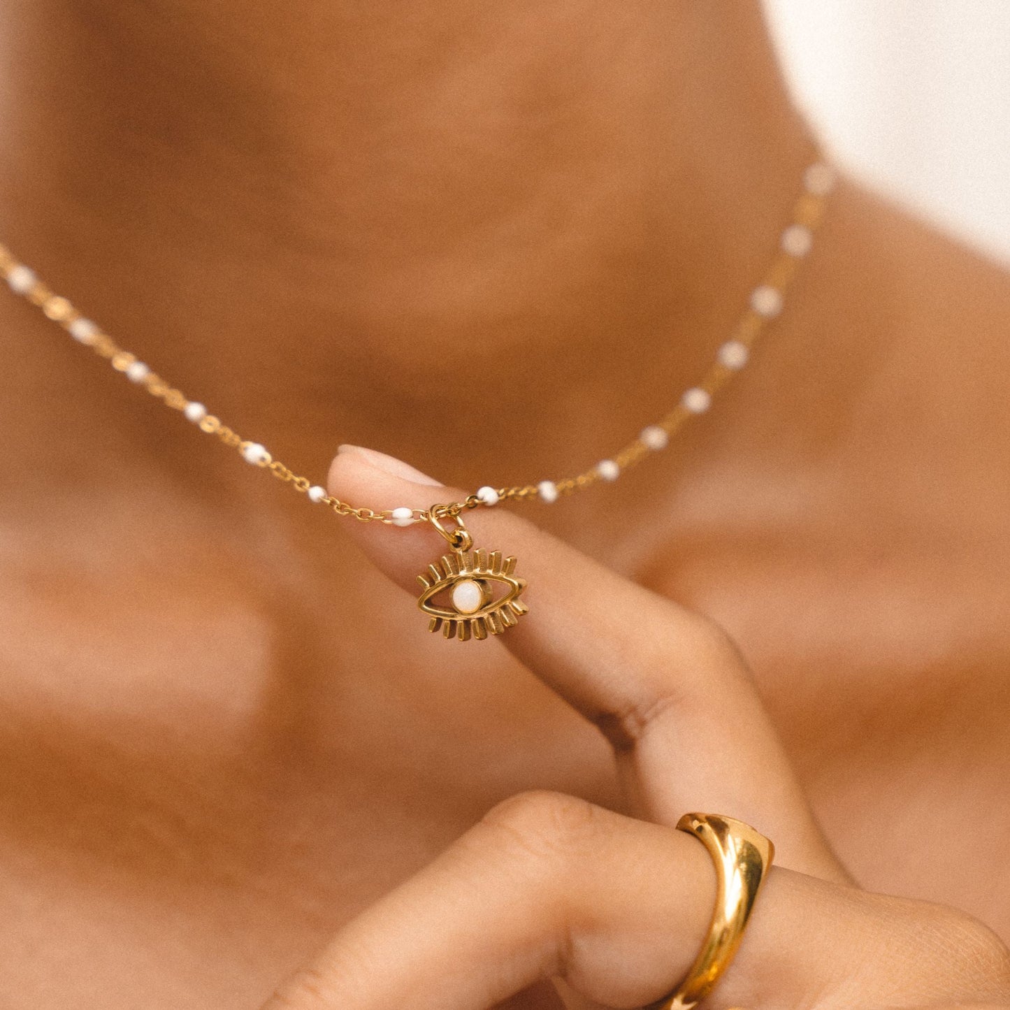 Damen Evil Eye Halskette Gold mit Opal Anhänger wasserfest Edelstahl