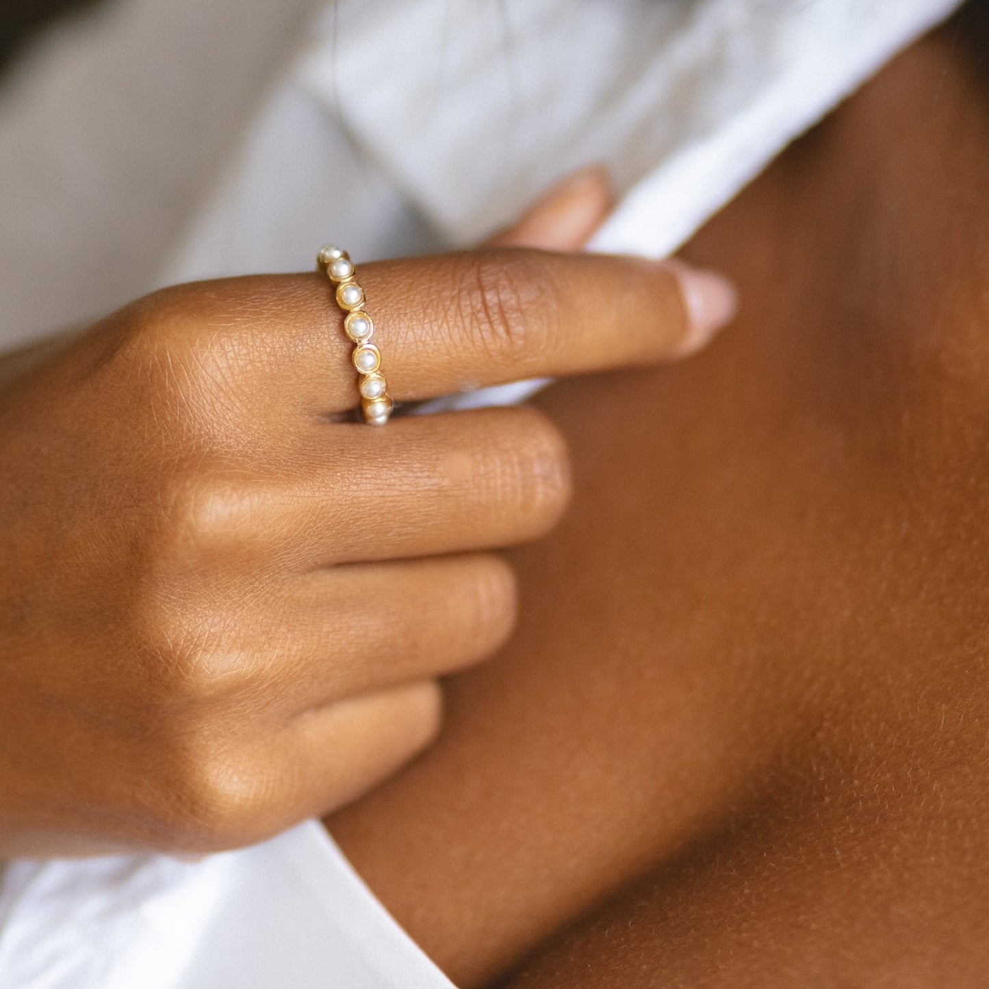 Damen Ring Gold mit Shell-Perlen Eternity Band wasserdicht hypoallergen