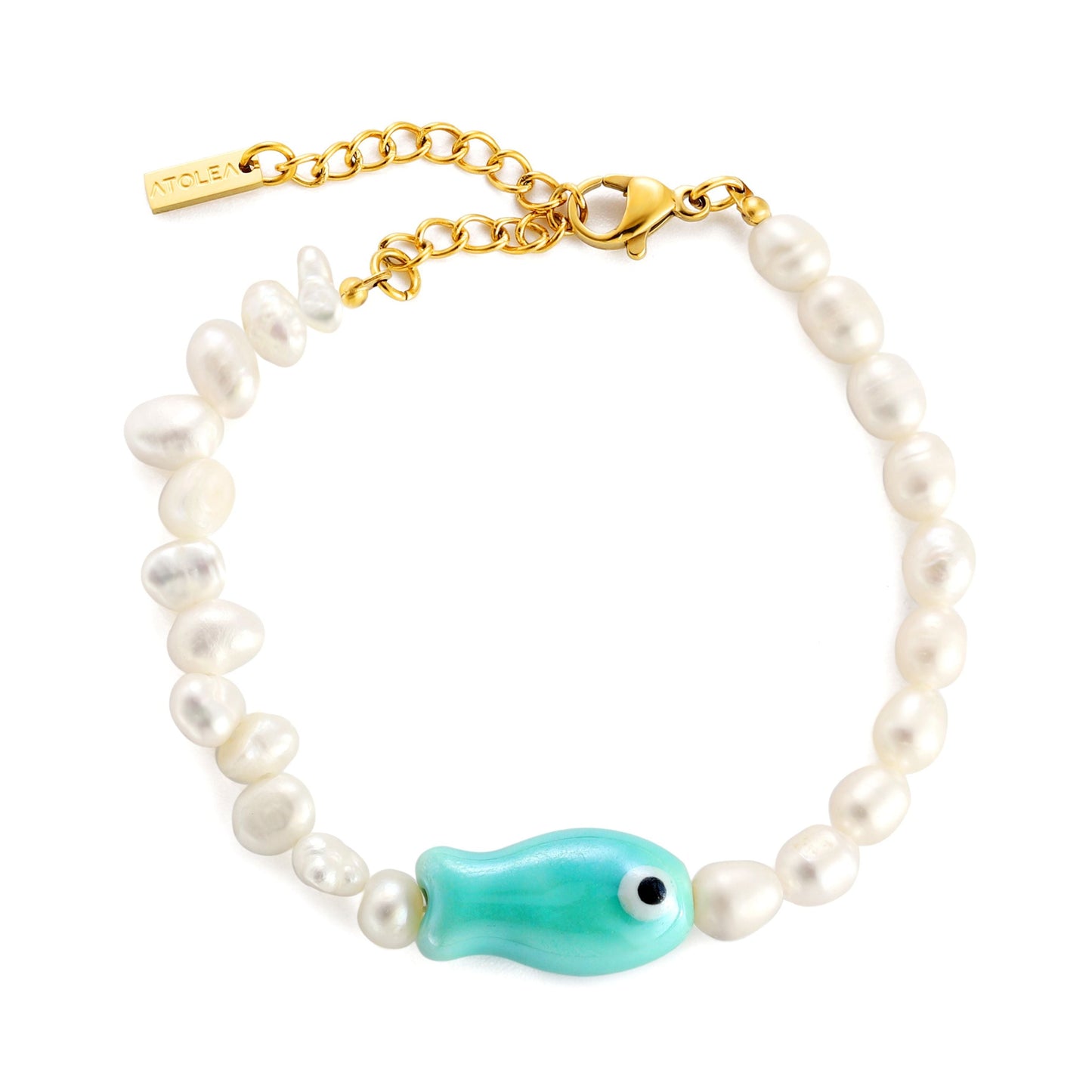 Damen Armband Gold mit Fischanhänger und Süßwasserperlen verstellbar wasserfest hypoallergen