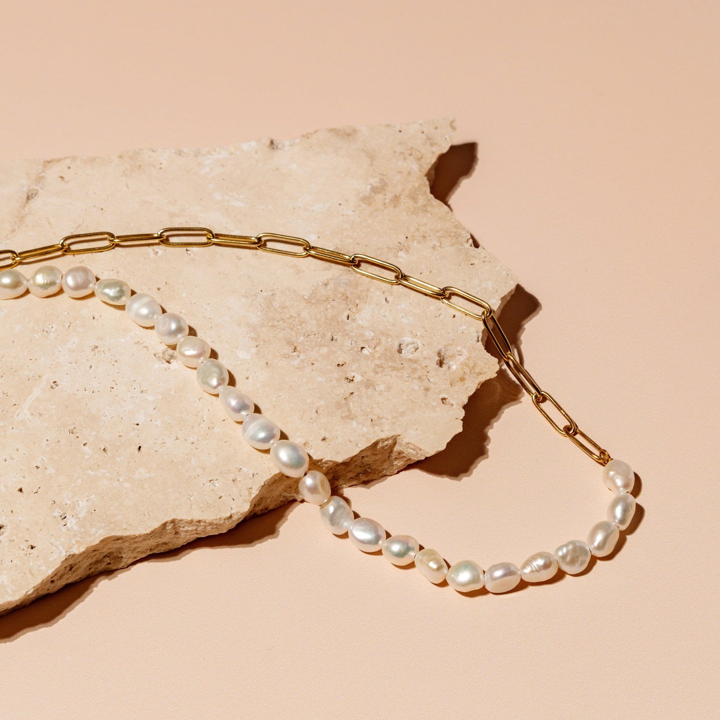 Damen Perlen Halskette Gold mit Süßwasserperlen Paperclip Kette wasserfest
