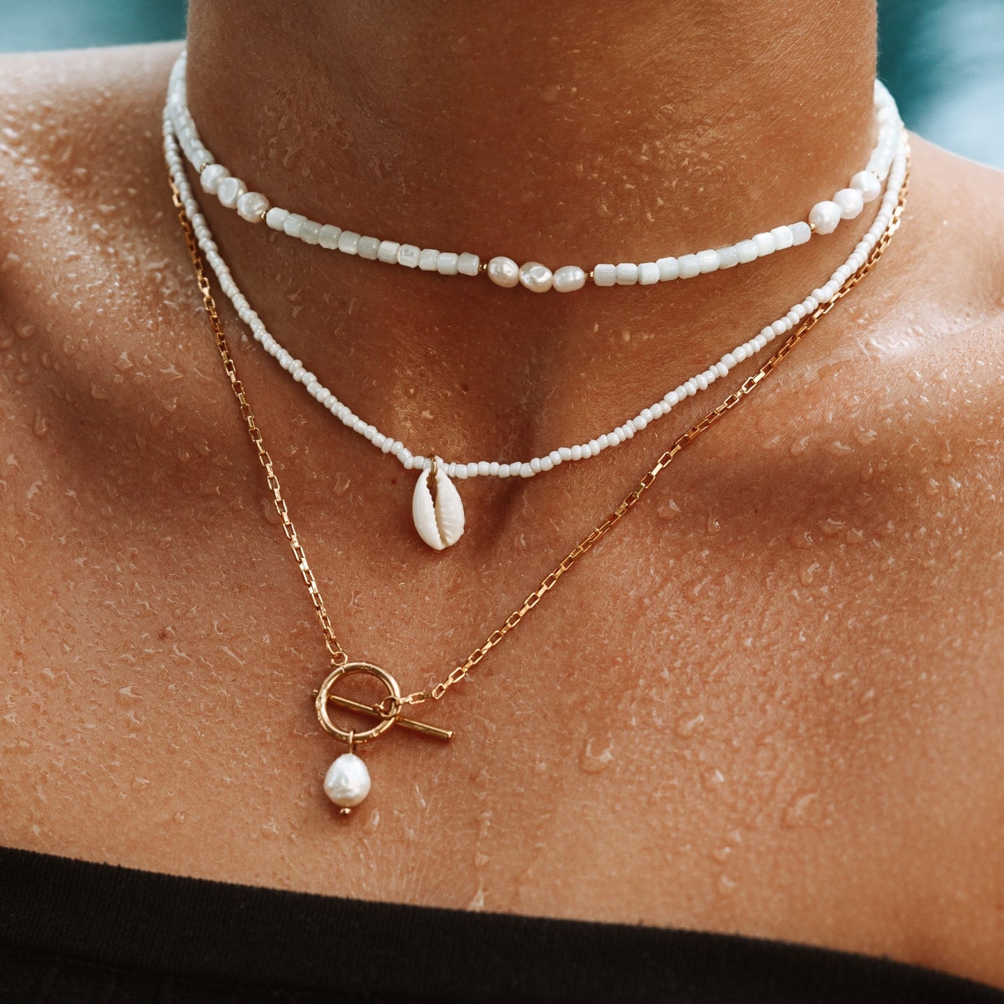 Damen Perlen Halskette Gold Süßwasserperle Toggle Verschluss wasserdicht