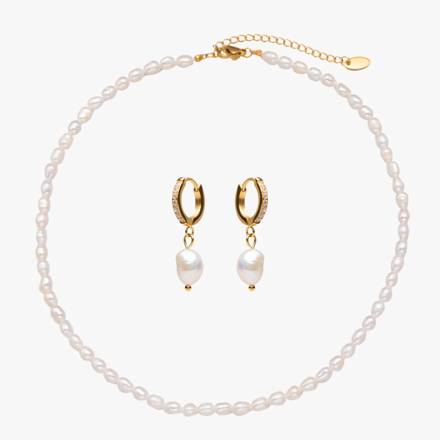 Damen Schmuckset Gold Süßwasserperlen Choker Creolen wasserfest 2-teilig