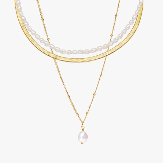 Damen Schmuckset Gold Herringbone Choker Perlen Choker Barockperlen-Anhänger wasserfest 3-teilig