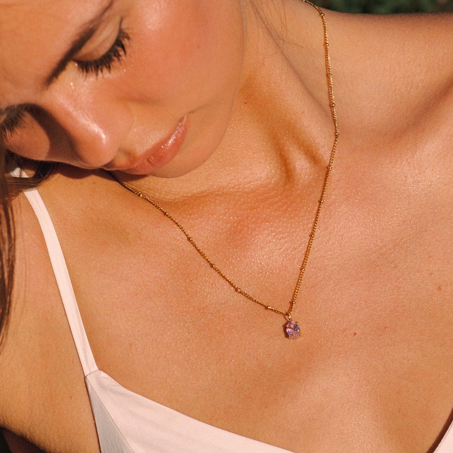 Damen Rosa Halskette Gold mit Pink CZ Anhänger wasserfest Beaded Chain