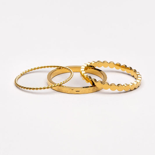 Damen Ring Set Gold 3-teilig gehämmert gedreht Perlen Design wasserfest