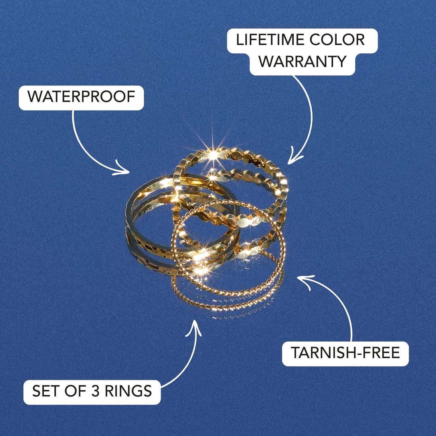 Damen Ring Set Gold 3-teilig gehämmert gedreht Perlen Design wasserfest