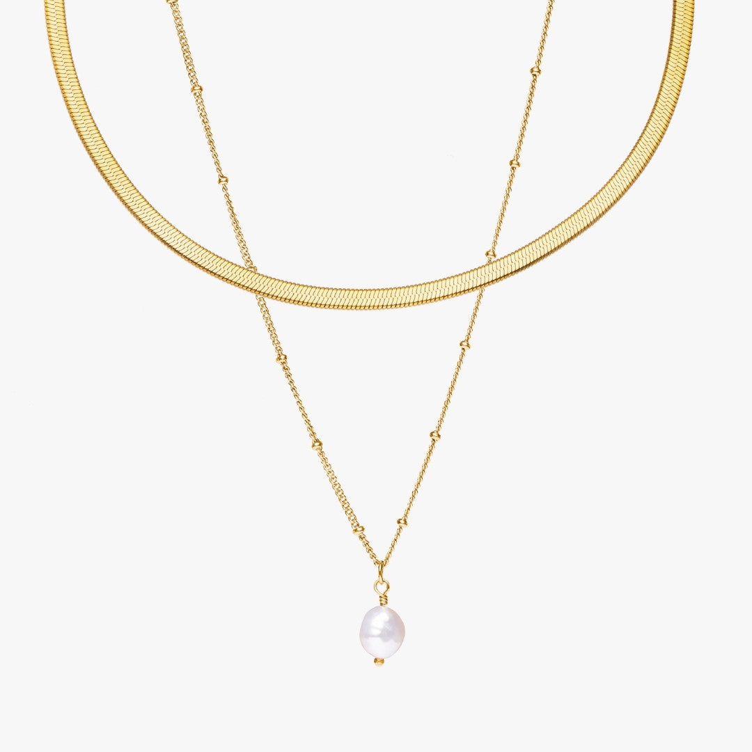 Damen Schmuckset Gold Herringbone Choker mit Barockperlen-Anhänger wasserfest 2-teilig