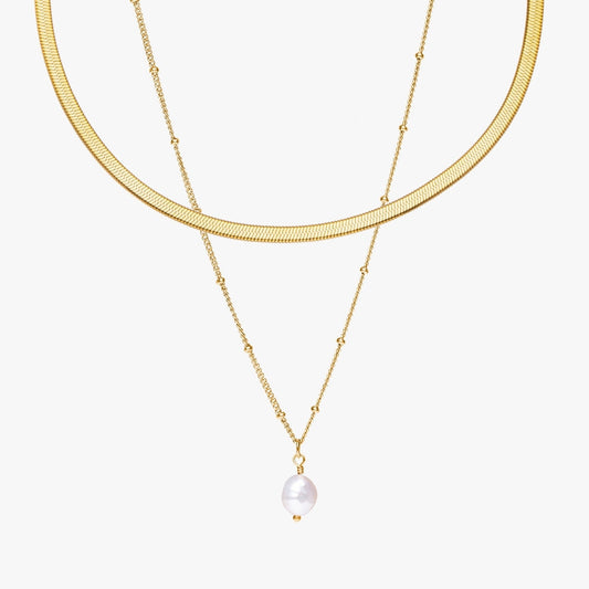 Damen Schmuckset Gold Herringbone Choker mit Barockperlen-Anhänger wasserfest 2-teilig