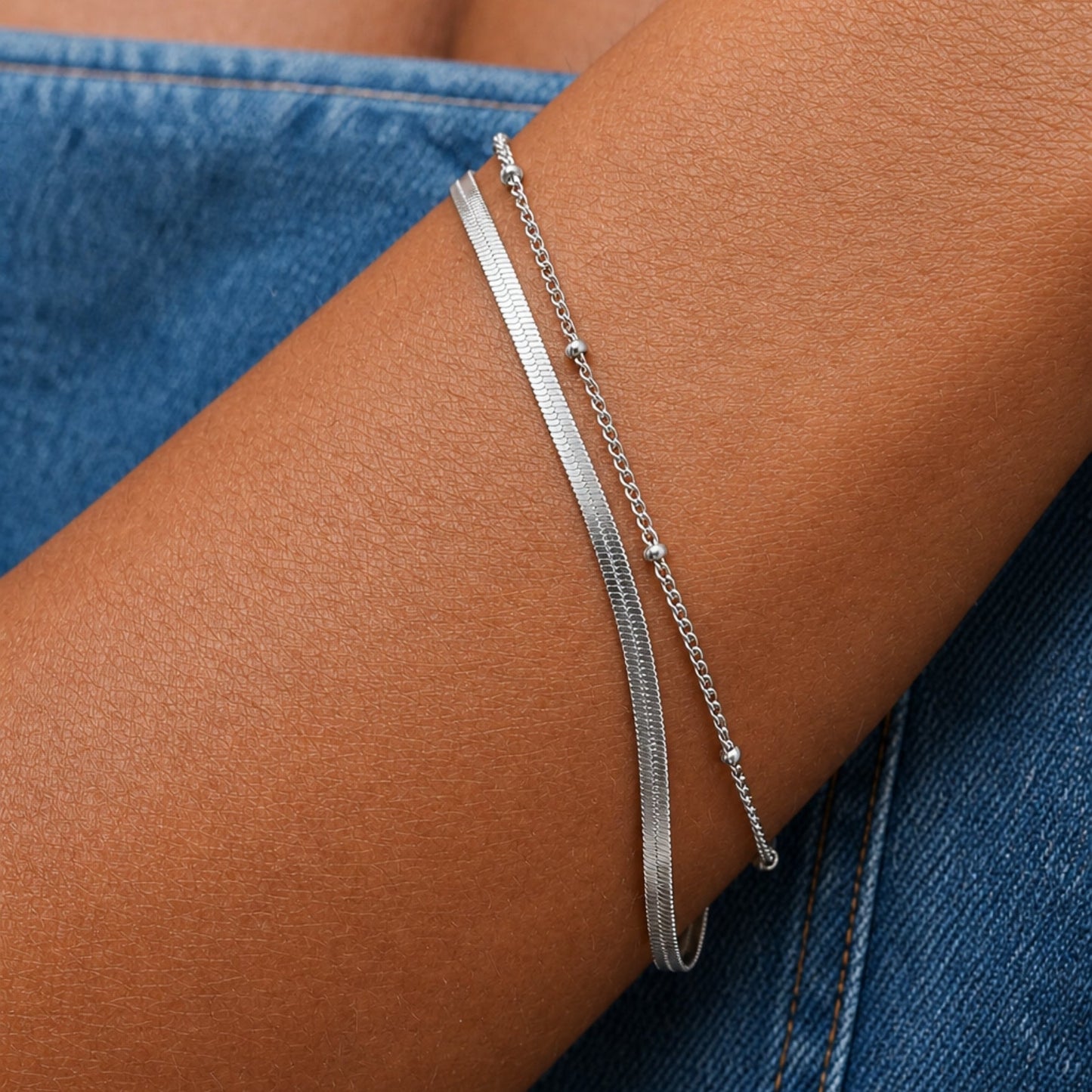 Damen Layering Armband Gold Herringbone Perlenkette verstellbar wasserfest