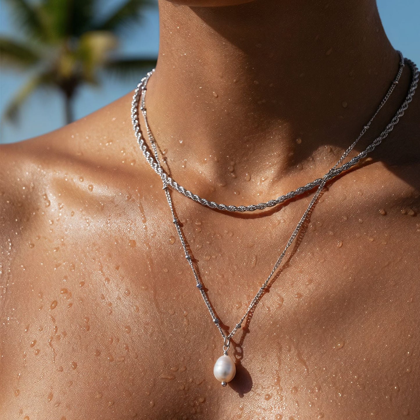 Damen Schmuckset Gold Rope Chain Choker mit Barockperlen-Anhänger wasserfest 2-teilig