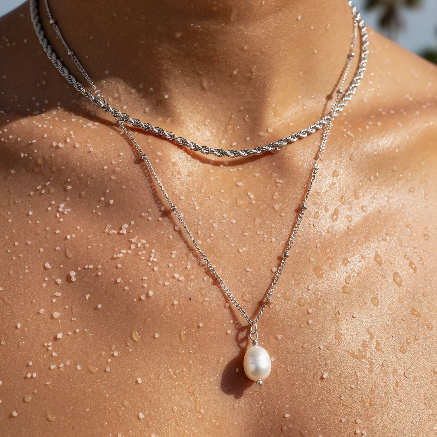 Damen Schmuckset Gold Rope Chain Choker mit Barockperlen-Anhänger wasserfest 2-teilig