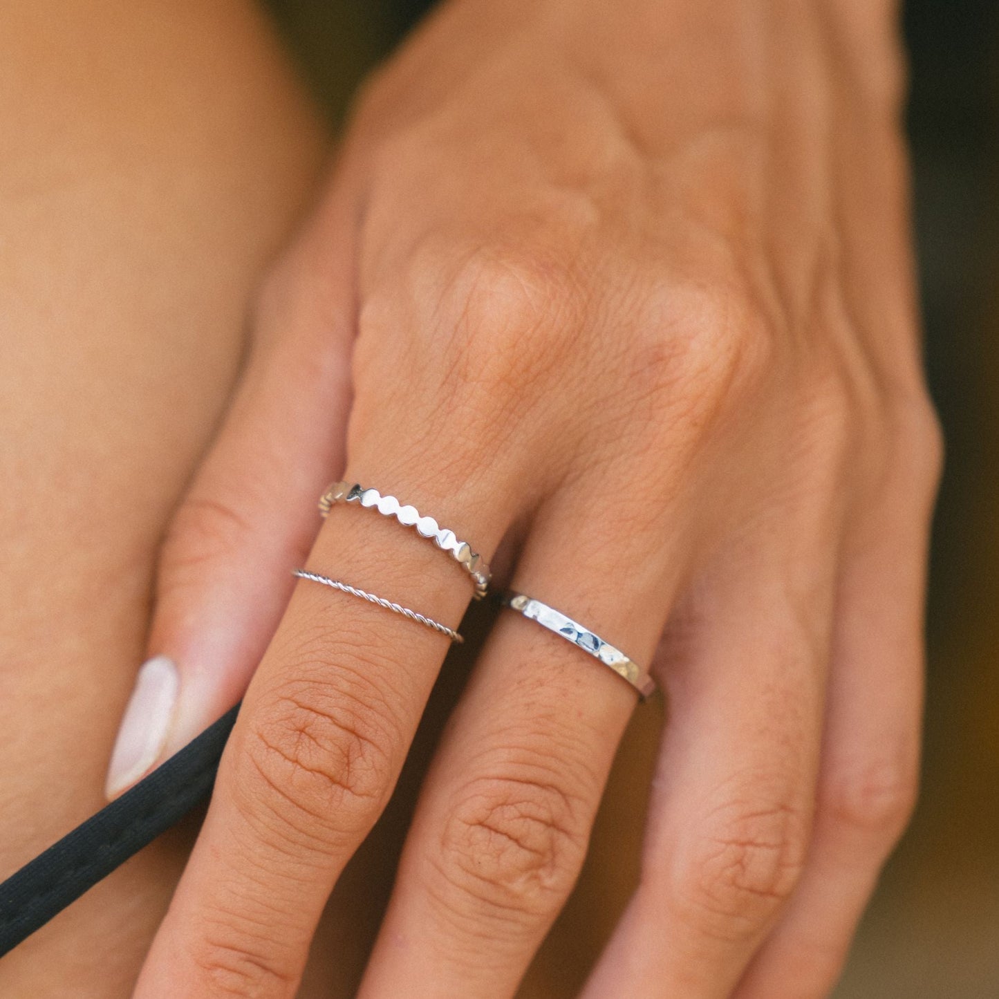 Damen Ring Set Gold 3-teilig gehämmert gedreht Perlen Design wasserfest