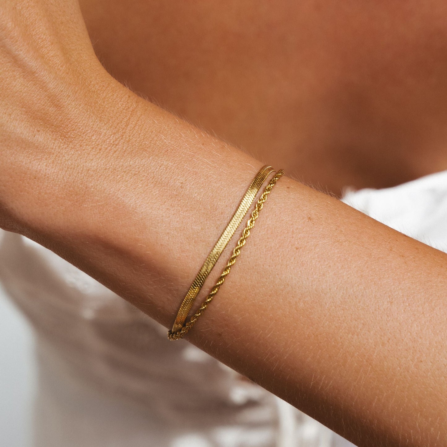 Damen Layering Armband Gold Herringbone Rope doppellagig wasserfest