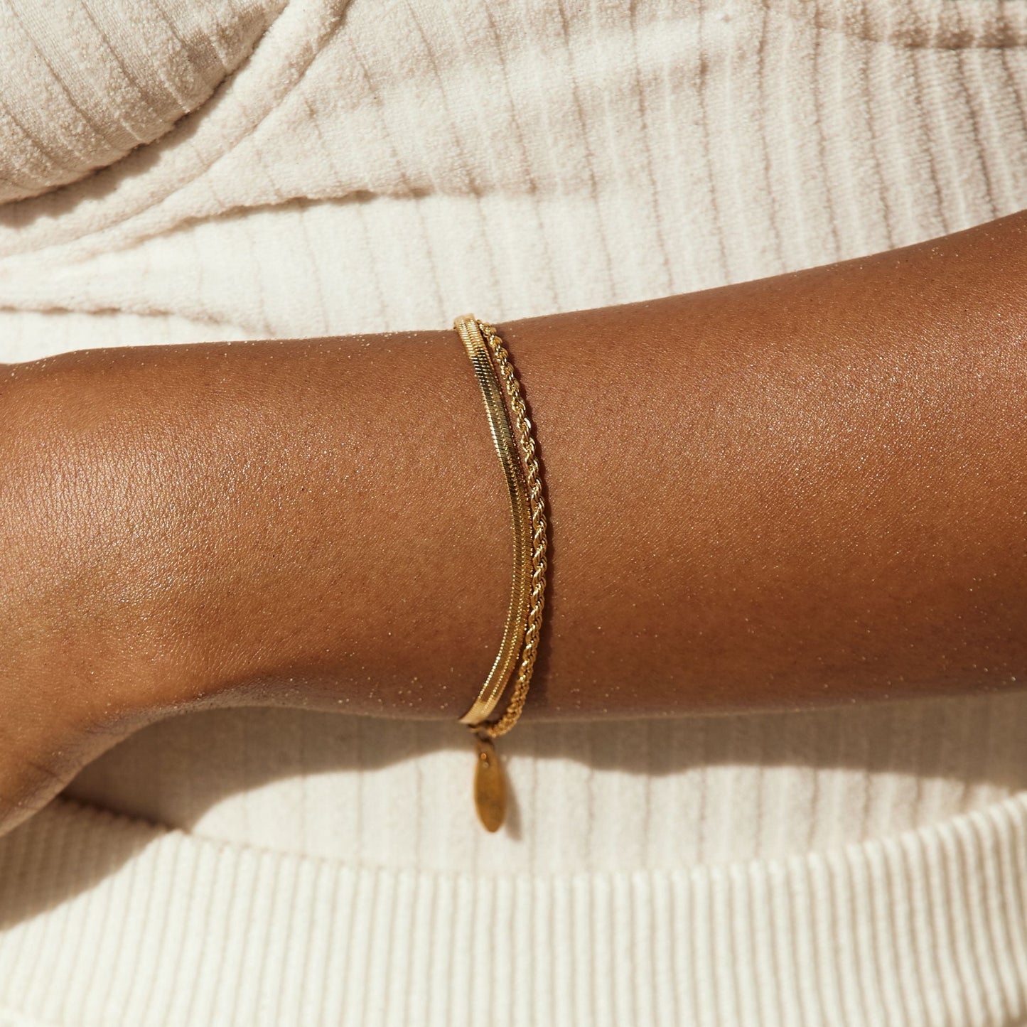 Damen Layering Armband Gold Herringbone Rope doppellagig wasserfest