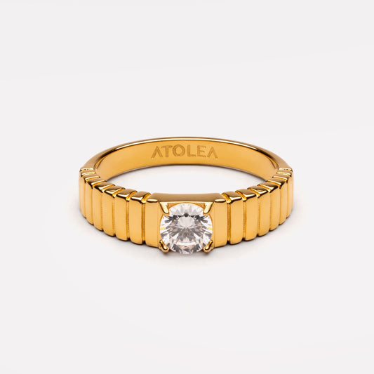 Damen Statement Ring Gold mit weißem Zirkon, breiter Edelstahl Ring 5 mm, wasserfest, hypoallergen
