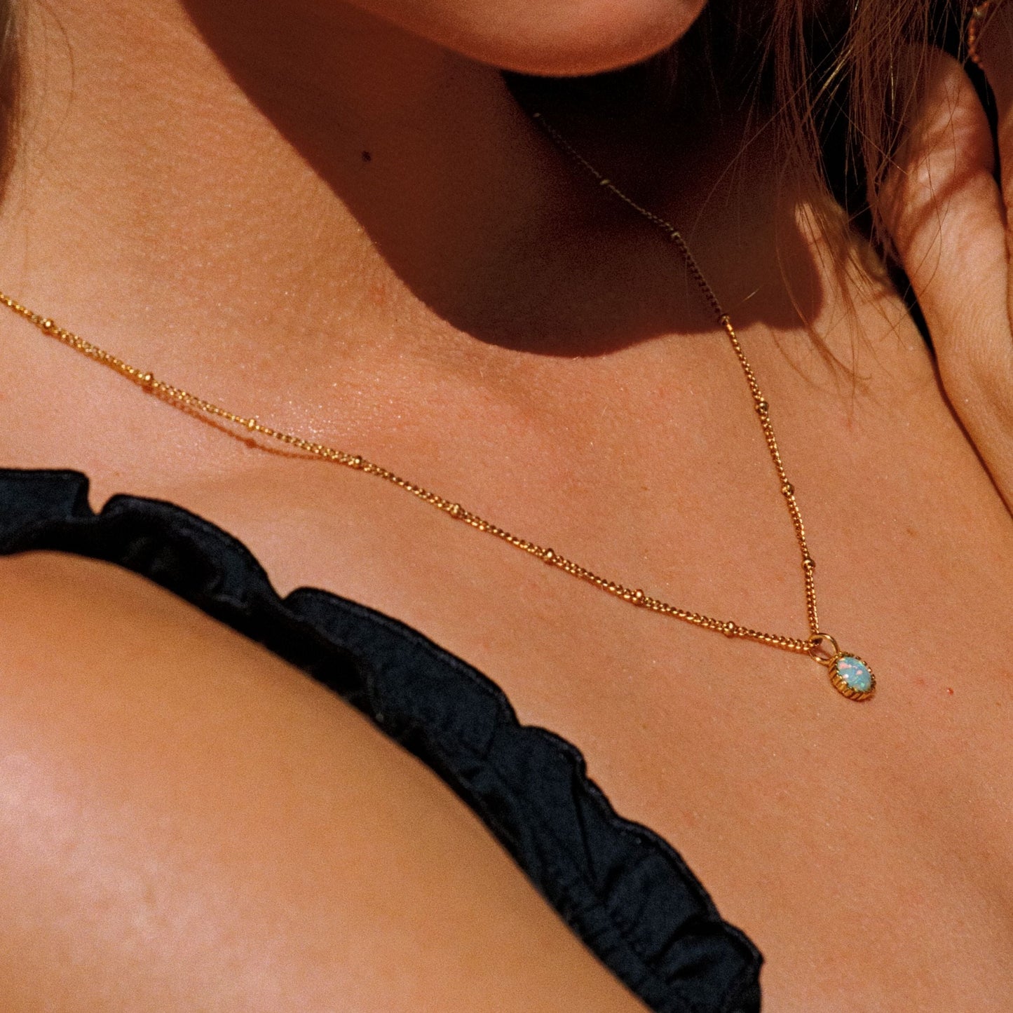 Damen Opal Halskette Gold wasserfest mit rundem Anhänger Beaded Chain