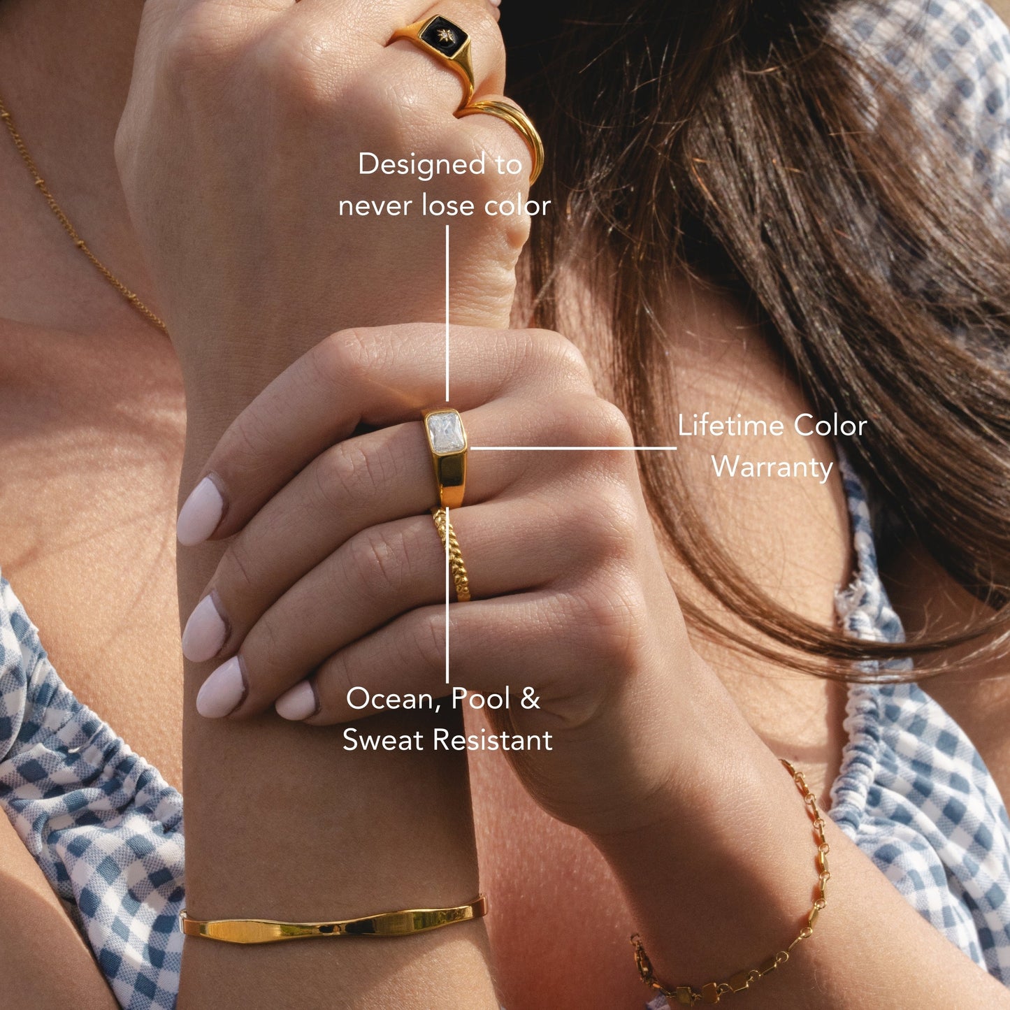 Damen Ring Gold mit Zirkon, breiter Edelstahlring, wasserfest, hypoallergen
