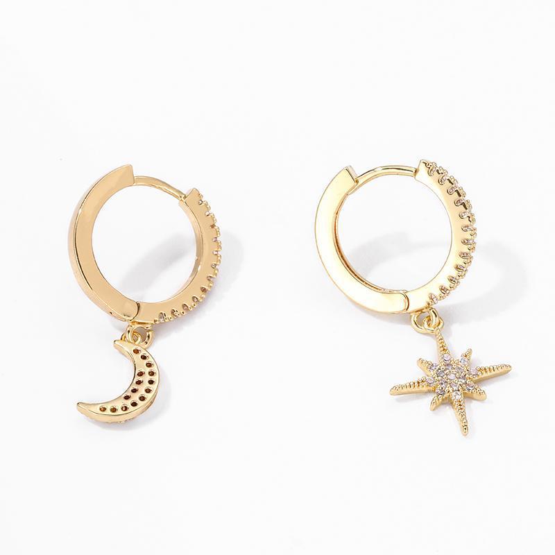 Damen Hängeohrringe Gold mit Mond Stern und Zirkon wasserfest hypoallergen