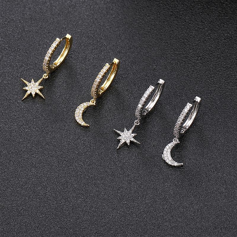 Damen Hängeohrringe Gold mit Mond Stern und Zirkon wasserfest hypoallergen