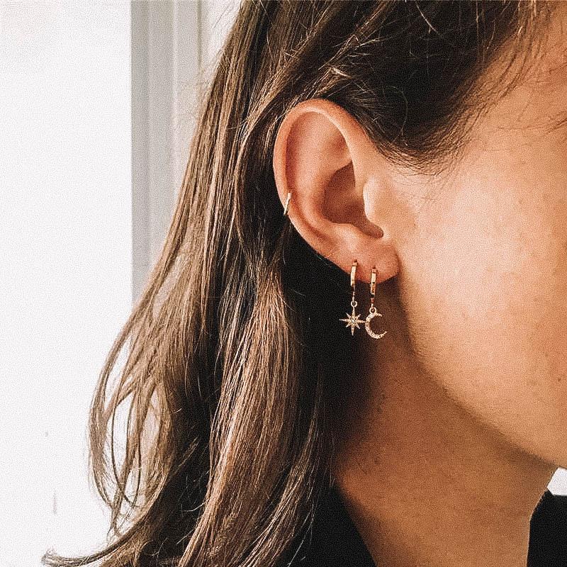 Damen Hängeohrringe Gold mit Mond Stern und Zirkon wasserfest hypoallergen