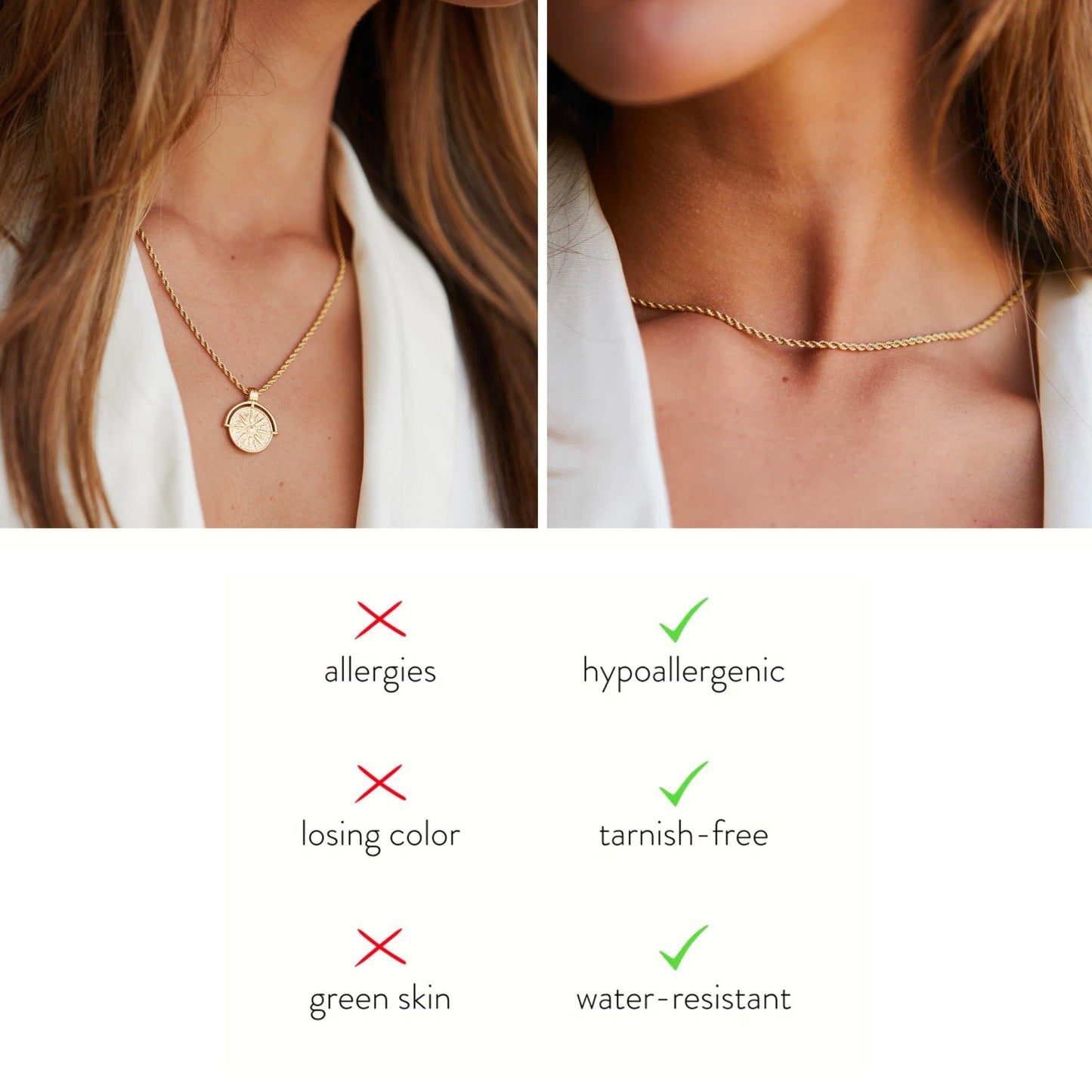 Damen Halsketten Set Gold wasserfest mit Sonnen Anhänger und Rope Chain