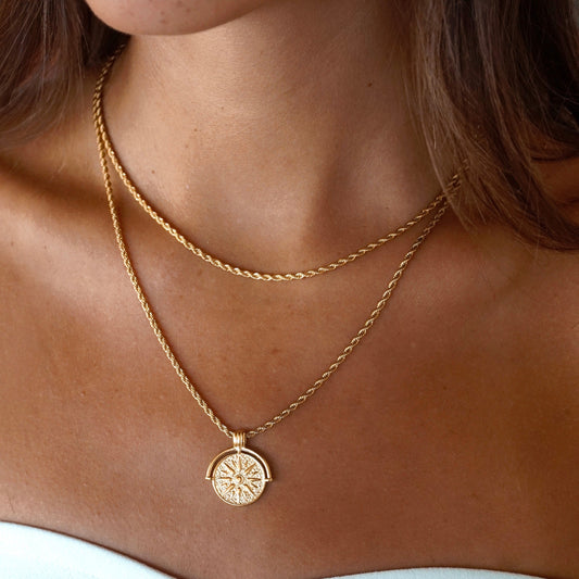 Damen Halsketten Set Gold wasserfest mit Sonnen Anhänger und Rope Chain