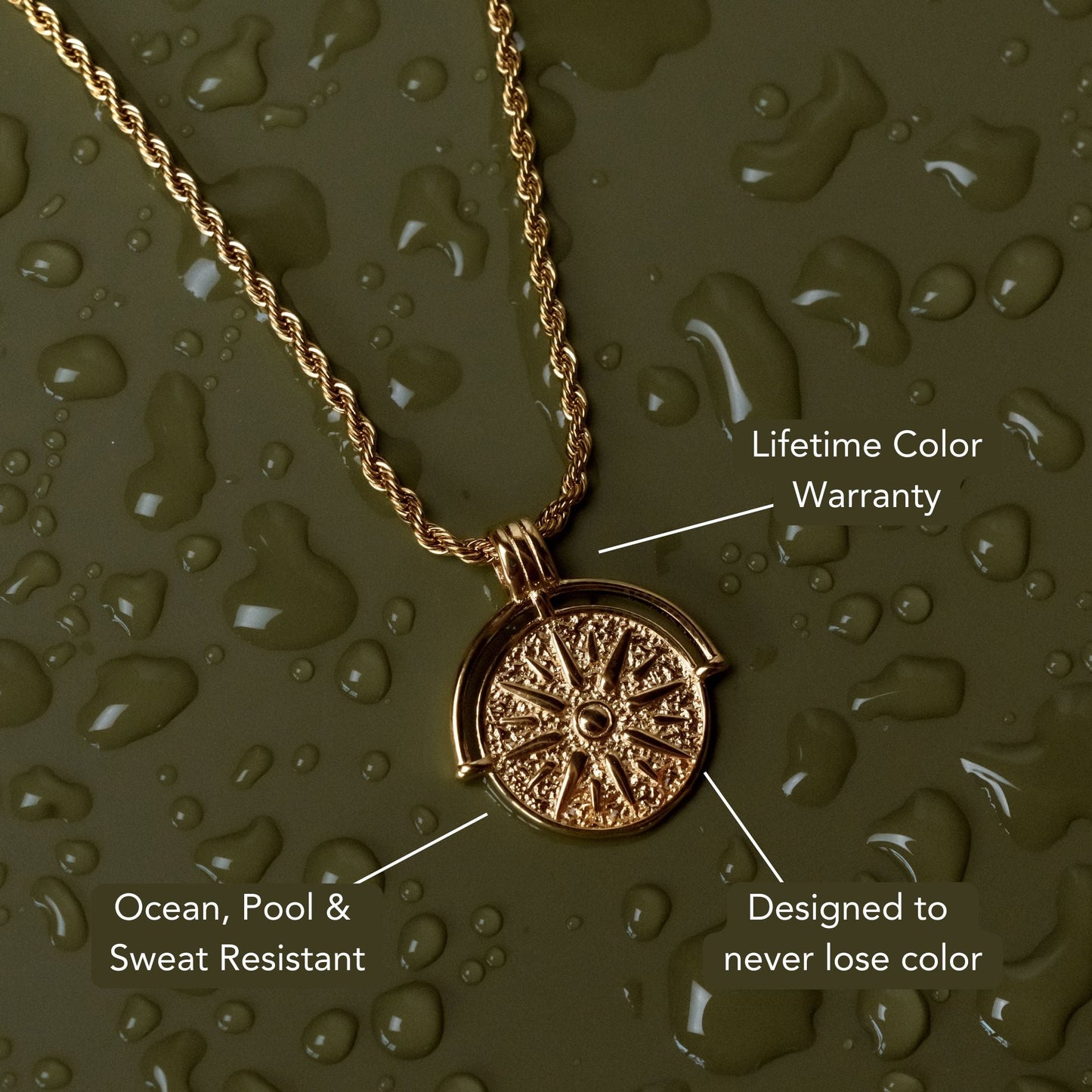 Damen Sonnen Halskette Gold Rope Chain wasserfest hypoallergen Anhänger