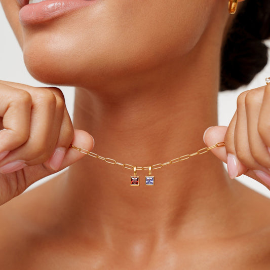 Damen Paperclip Kette Gold mit Geburtsstein Anhänger personalisiert wasserfest