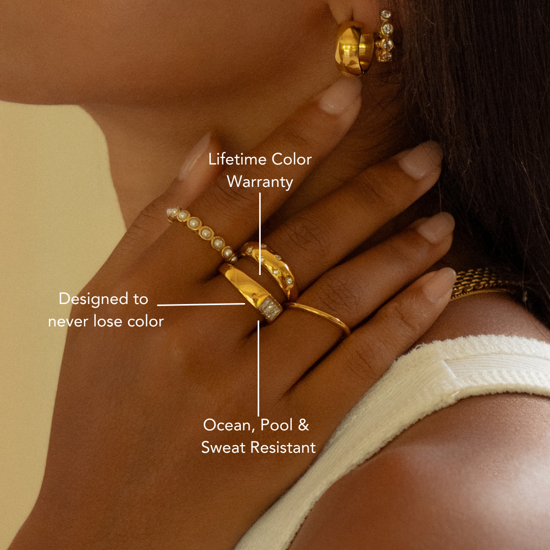 Damen Signet Ring Gold mit weißen Baguette-Steinen, wasserdicht und hypoallergen