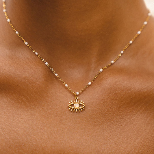 Damen Evil Eye Halskette Gold mit Opal Anhänger wasserfest Edelstahl